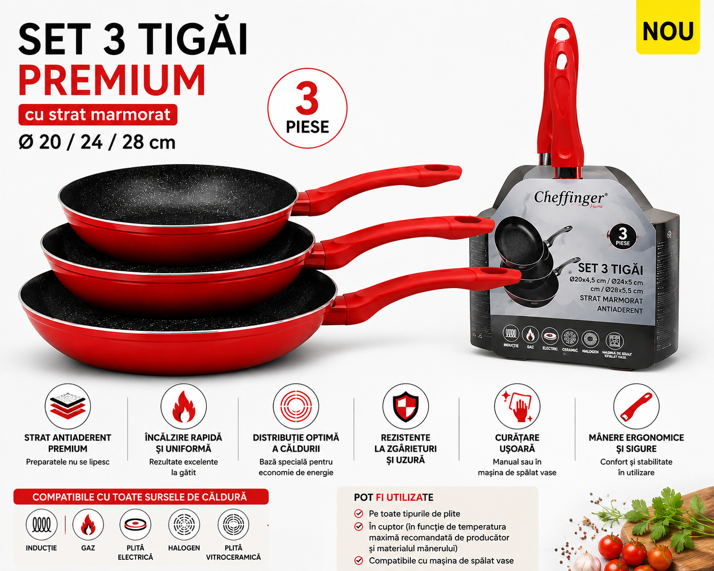 Set 3 Tigăi Premium cu Strat Marmorat – 20 / 24 / 28 cm | Compatibile cu Inducție | Roșu