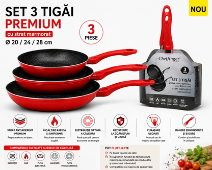 Set 3 Tigăi Premium cu Strat Marmorat – 20 / 24 / 28 cm | Compatibile cu Inducție | Roșu