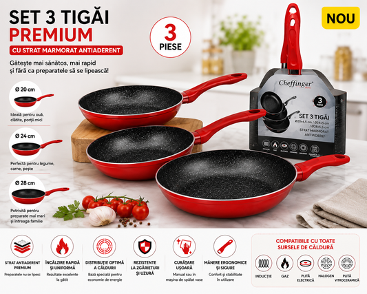 Set 3 Tigăi Premium cu Strat Marmorat – 20 / 24 / 28 cm | Compatibile cu Inducție | Roșu