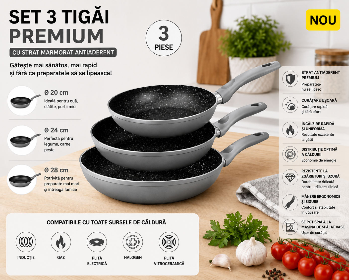 Set 3 Tigăi Premium cu Strat Marmorat – 20 / 24 / 28 cm | Compatibile cu Inducție | Gri