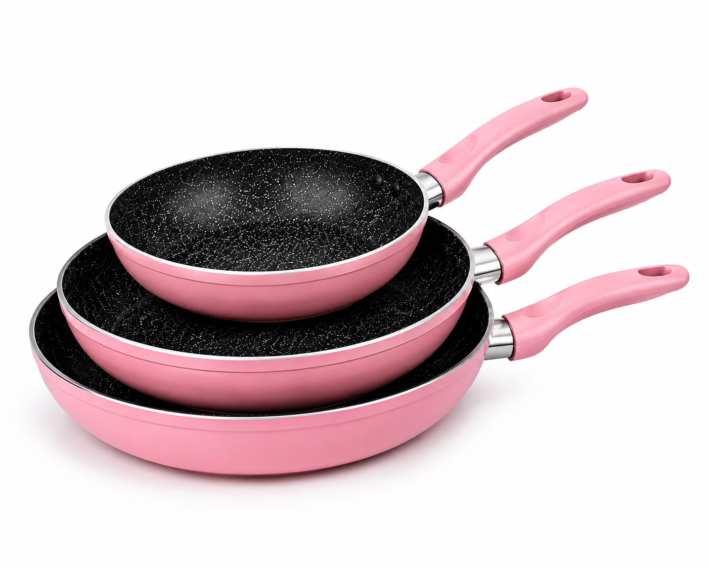 Set 3 Tigăi CHEFFINGER cu Strat Marmorat – 20 / 24 / 28 cm | Compatibile cu Inducție | Roz
