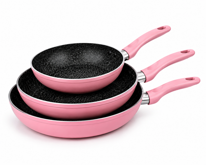 Set 3 Tigăi CHEFFINGER cu Strat Marmorat – 20 / 24 / 28 cm | Compatibile cu Inducție | Roz
