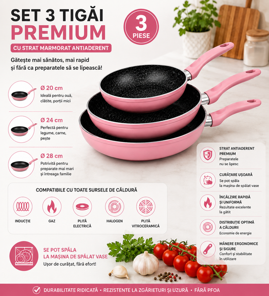 Set 3 Tigăi CHEFFINGER cu Strat Marmorat – 20 / 24 / 28 cm | Compatibile cu Inducție | Roz
