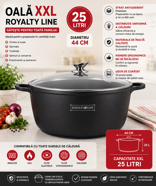 Oală XXL Royalty Line cu Capac – 25 Litri | 44 cm | Compatibilă cu Inducție