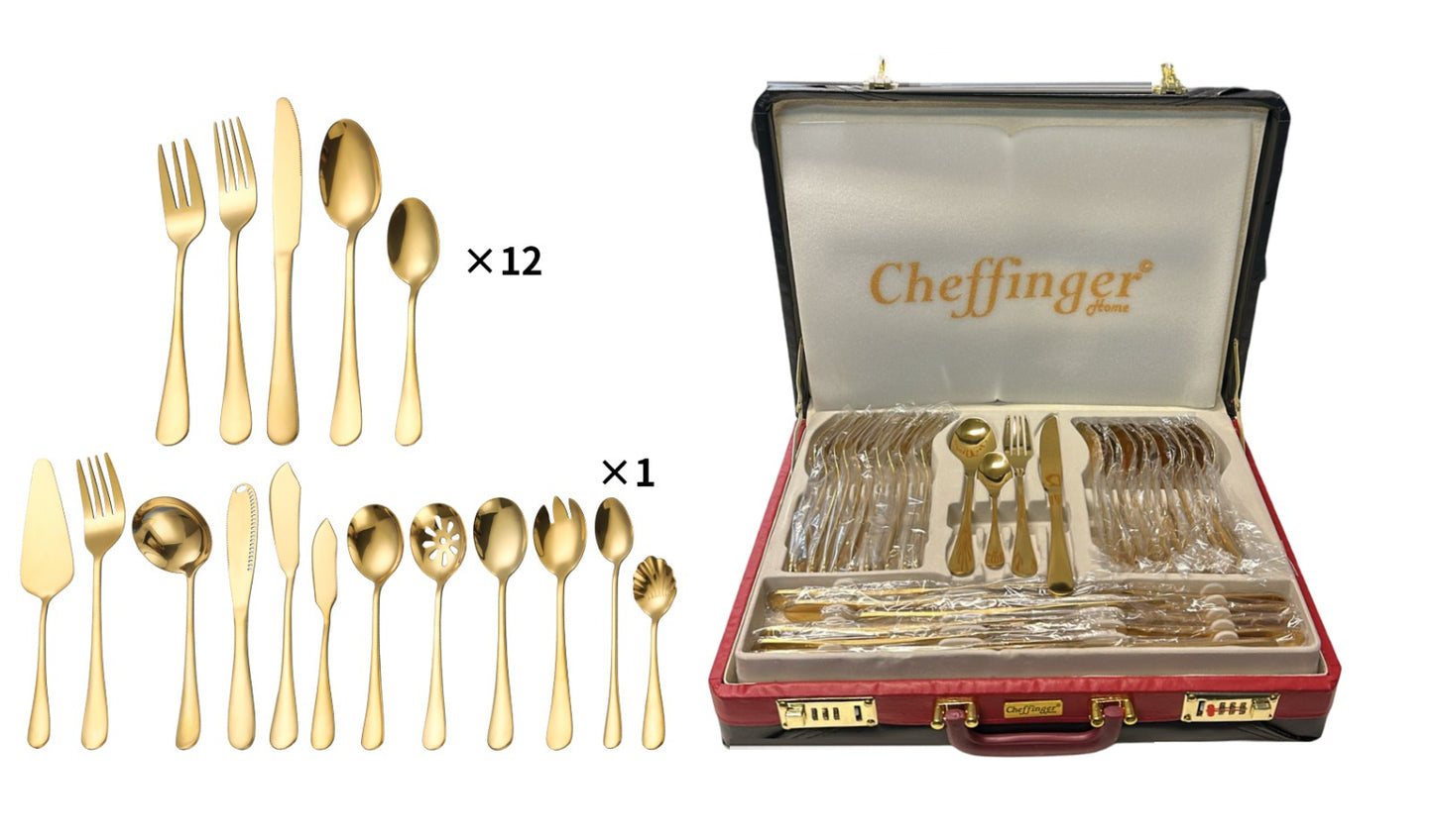 Set Tacâmuri Auriu Premium 72 Piese – Inox 18/10, 12 Persoane, cu Koffer