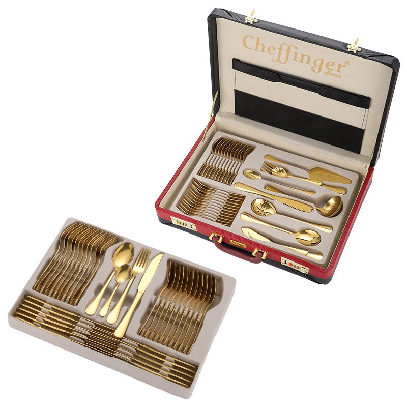 Set Tacâmuri Auriu Premium 72 Piese – Inox 18/10, 12 Persoane, cu Koffer