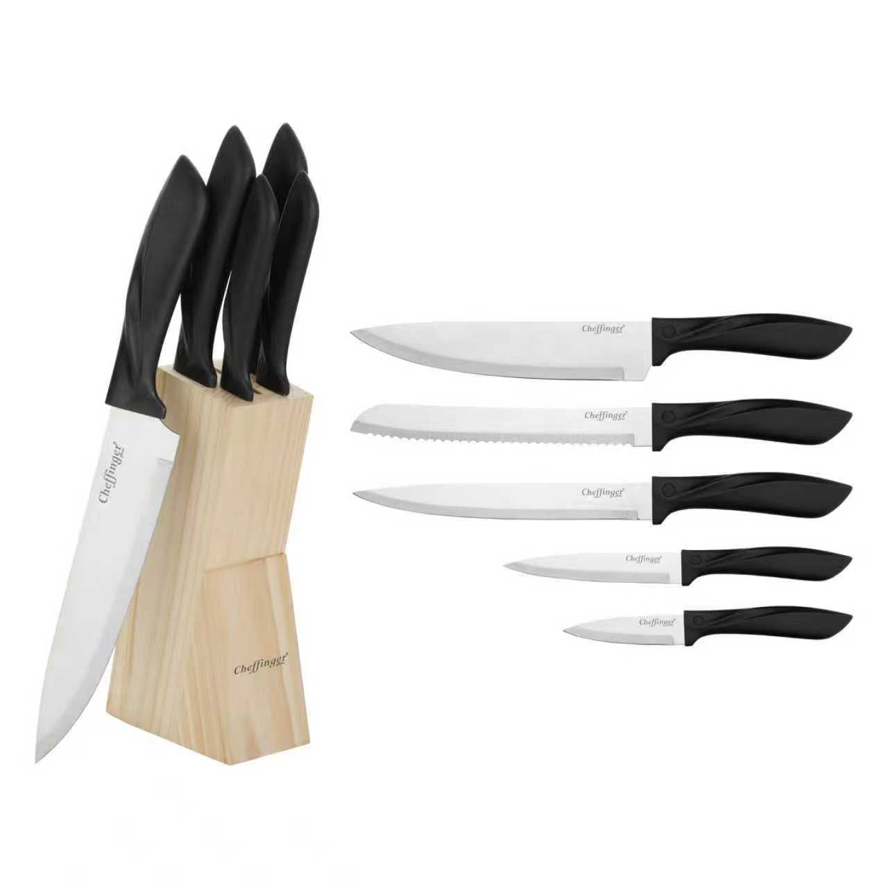 Set 6 cuțite de bucătărie cu suport din lemn